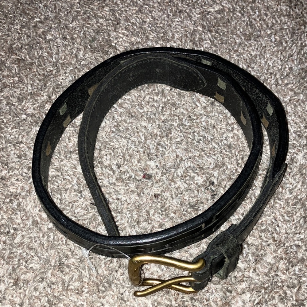 Casual Black Leather Belt with Brass-Tone Hook Buckle 32 Waist
